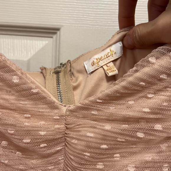 NWOT Nude pink corset style chiffon polka dot blouse with statement sleeves - Picture 2 of 4